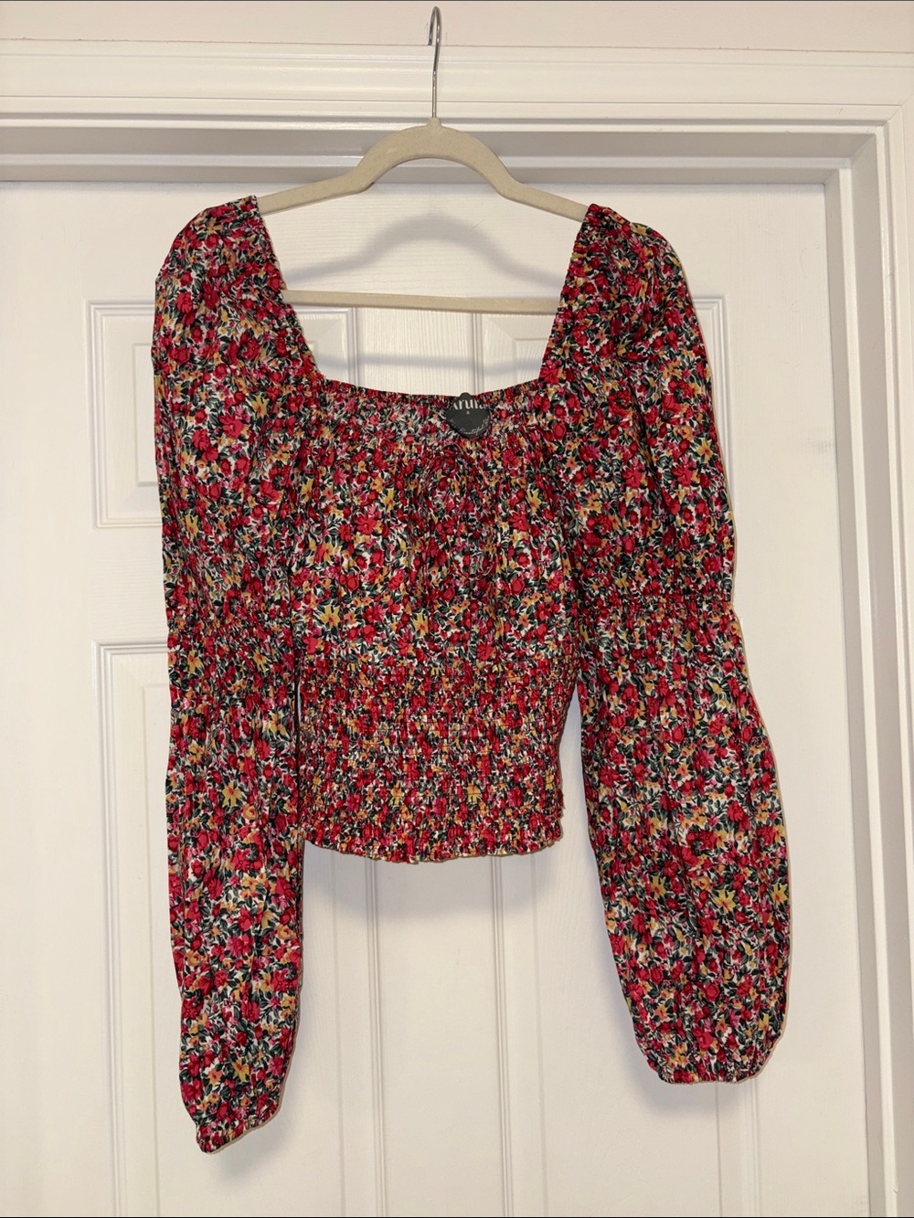 ARULA Red Floral Smocked Square-Neck Blouse